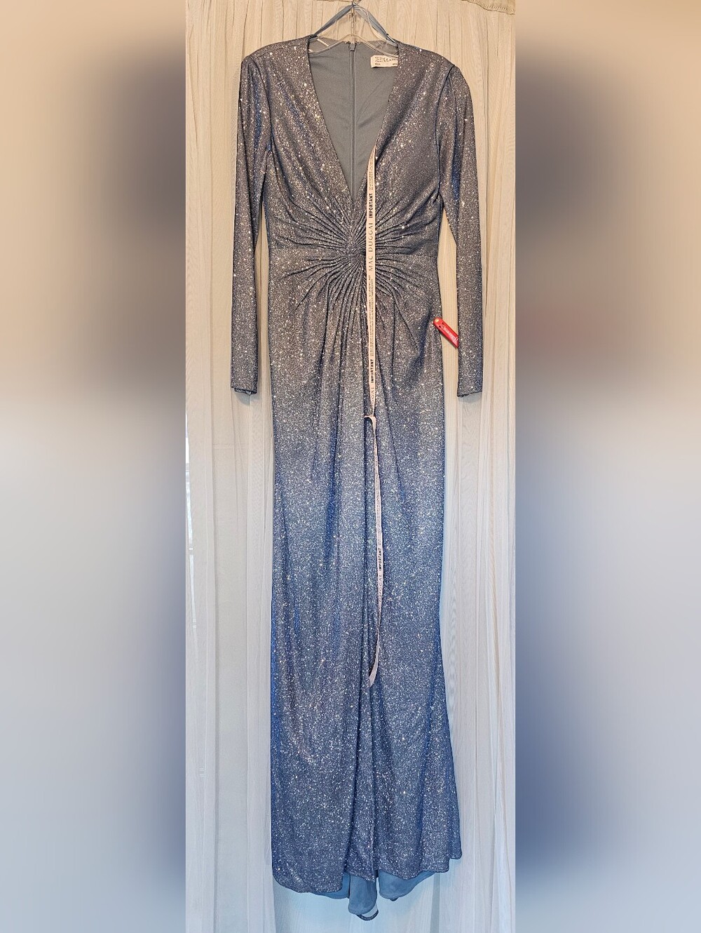 Ieena For Mac Duggal 6194 Evening Gown - Silver Glitter Long Sleeve Dress Size 0